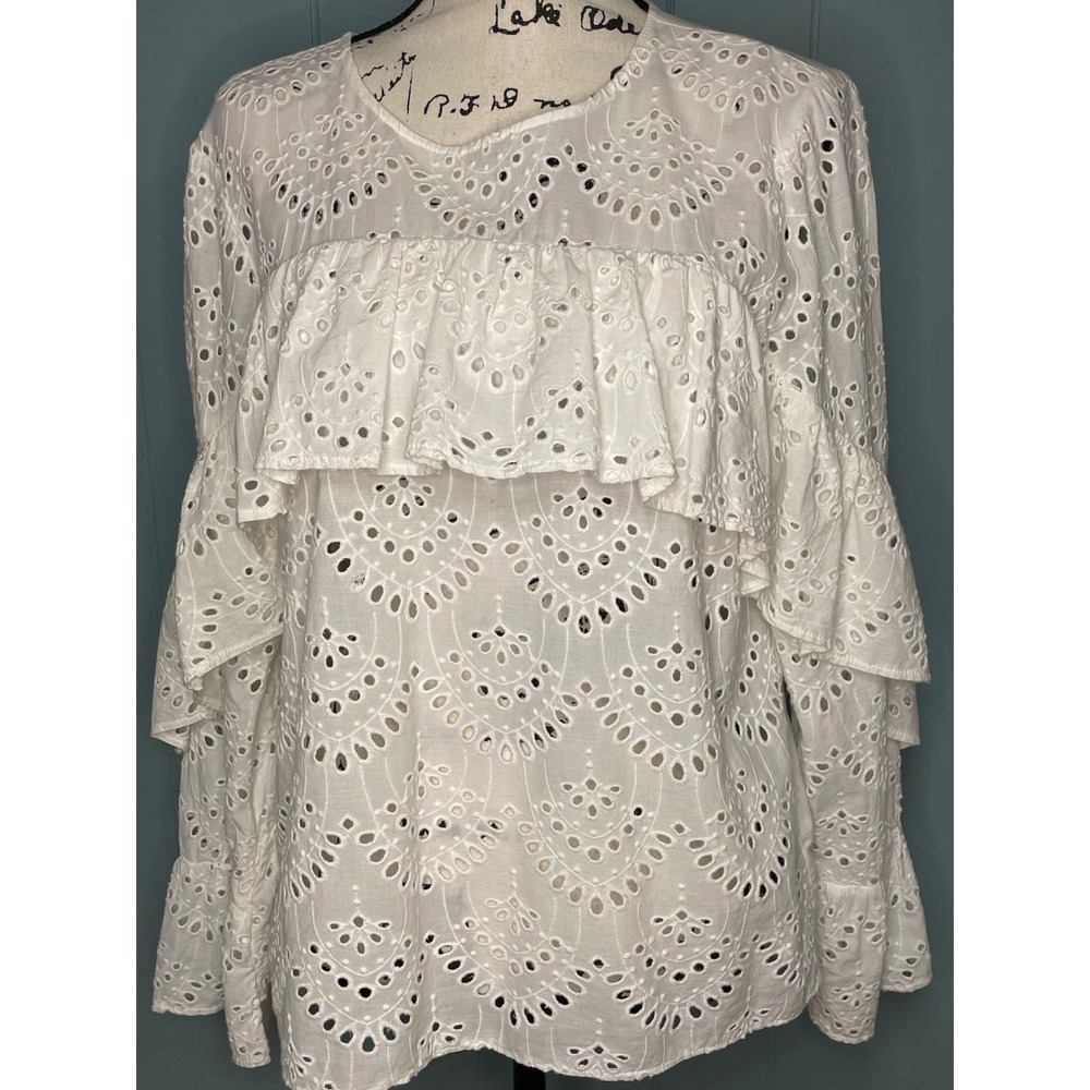 Simply Vera Vera Wang Blouse Womens Medium White Eyelet Ruffle Peasant Boho‎